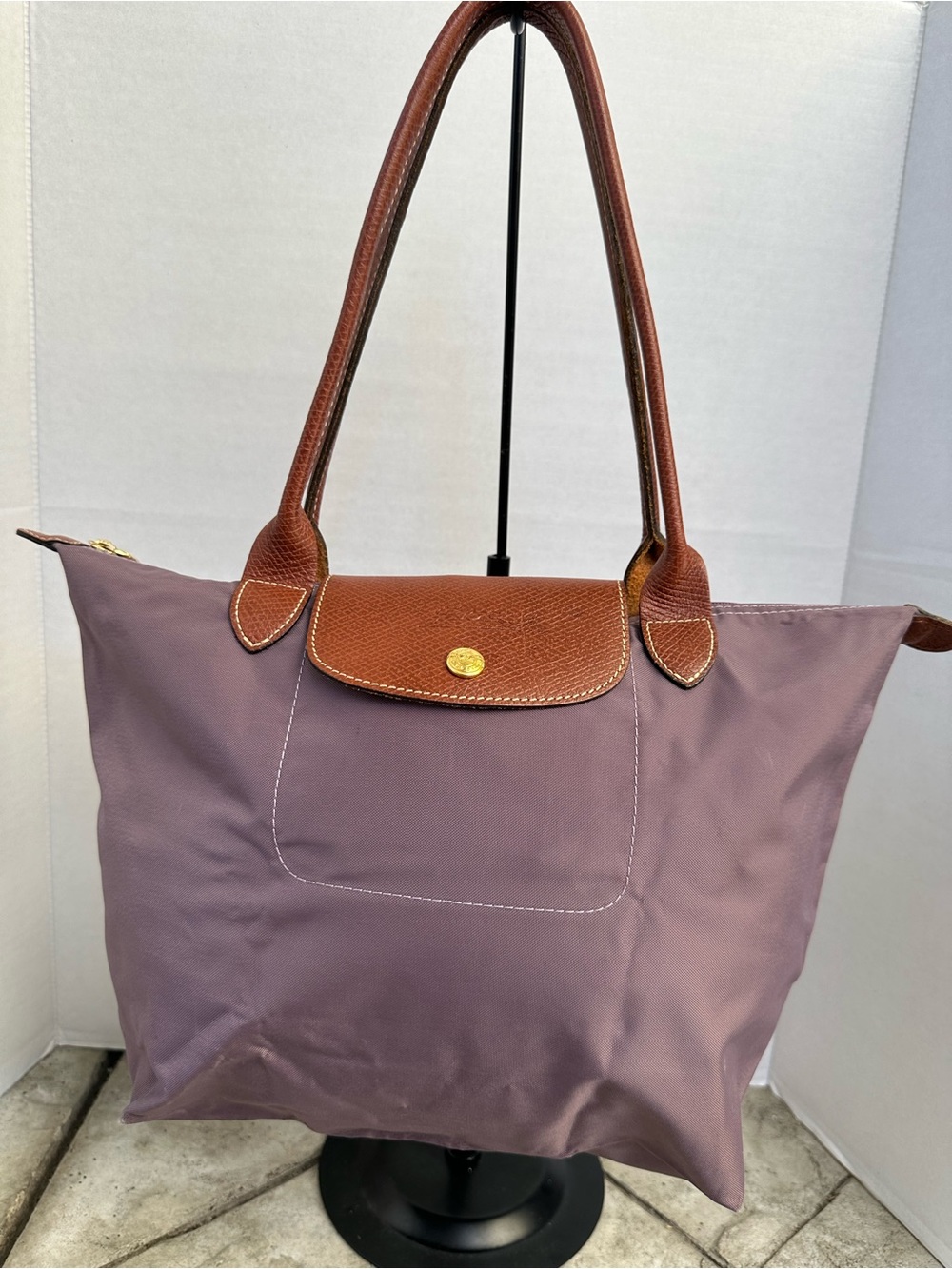 Longchamp Le Pliage Mauve Tote with Brown Leather Trim